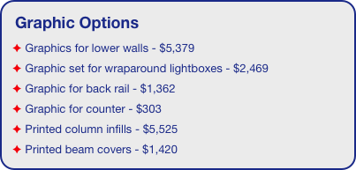 Graphic Options
 Graphics for lower walls - $5,379
 Graphic set for wraparound lightboxes - $2,469
 Graphic for back rail - $1,362
 Graphic for counter - $303
 Printed column infills - $5,525
 Printed beam covers - $1,420