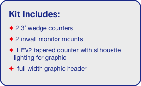 Kit Includes:
 2 3’ wedge counters
 2 inwall monitor mounts
 1 EV2 tapered counter with silhouette lighting for graphic
  full width graphic header