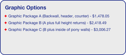 Graphic Options
 Graphic Package A (Backwall, header, counter) - $1,478.05
 Graphic Package B (A plus full height returns) - $2,418.49
 Graphic Package C (B plus inside of pony walls) - $3,006.27
