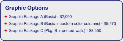 Graphic Options
 Graphic Package A (Basic) - $2,090
 Graphic Package B (Basic + custom color columns) - $5,470
 Graphic Package C (Pkg. B + printed walls) - $8,550