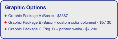 Graphic Options
 Graphic Package A (Basic) - $3387
 Graphic Package B (Basic + custom color columns) - $5,130
 Graphic Package C (Pkg. B + printed walls) - $7,280